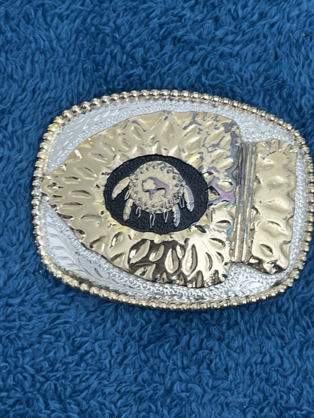 Vintage Western Two-Tone Oval Trophy Belt Buckle – Arrowhead, Buffalo